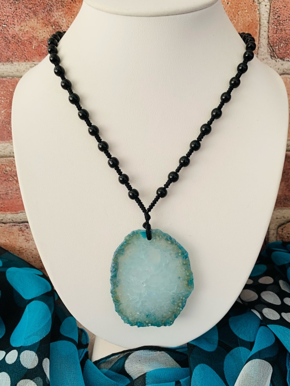 Blue Druzy Agate Geode Slice Pendant Necklace with Black Glass Beads
